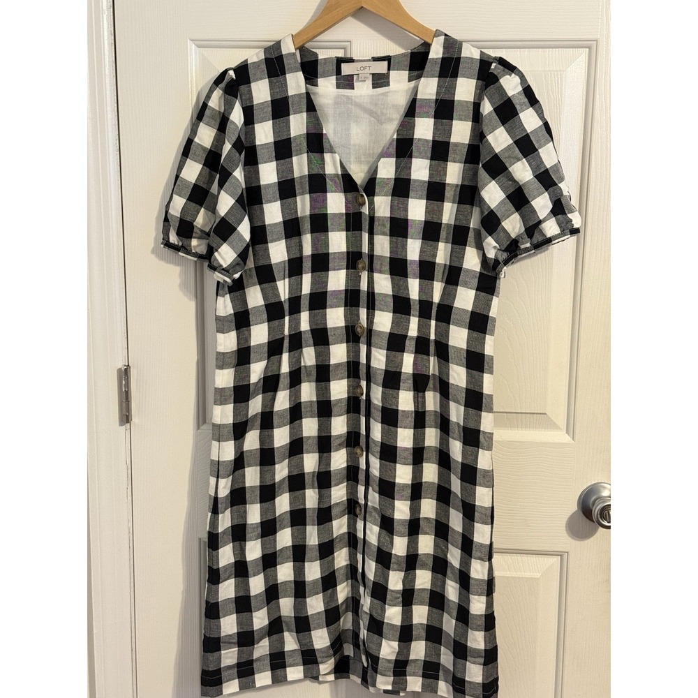 LOFT Black White Gingham Lined A-Line Dress linen blend Puff Short Sleeve Size 8
